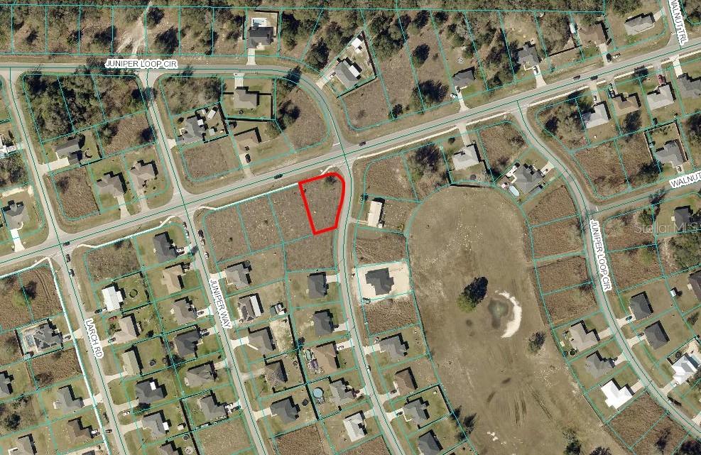 This is an aerial map showing a vacant, red-outlined residential lot at a street intersection — JUNIPER LOOP CIR, OCALA, FL