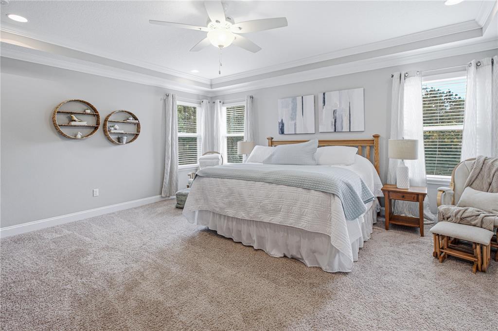 A spacious bedroom features a king bed, carpeted floors, a ceiling fan, and two windows — 52 CROSSWOOD COURT, ST AUGUSTINE, FL