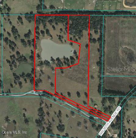 This is an aerial map showing a property boundary outlined in red with a pond — 0 NW 95th STREET, OCALA, FL