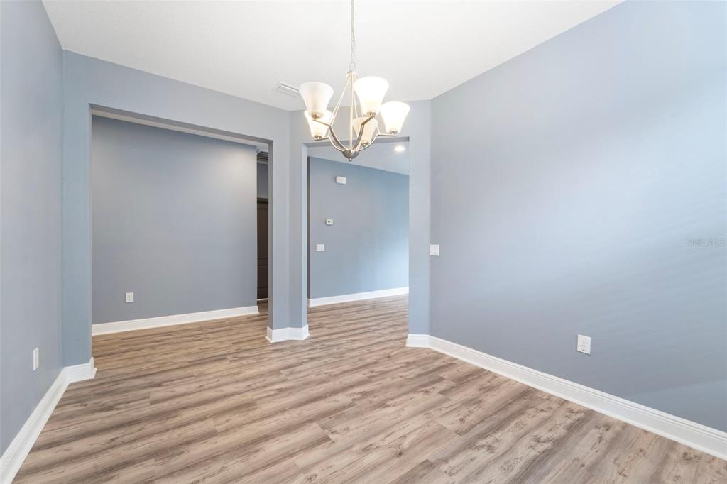 An empty dining room with light blue walls, wood-look flooring, and a central chandelier — 11006 TAHITI ISLE LANE, TAMPA, FL