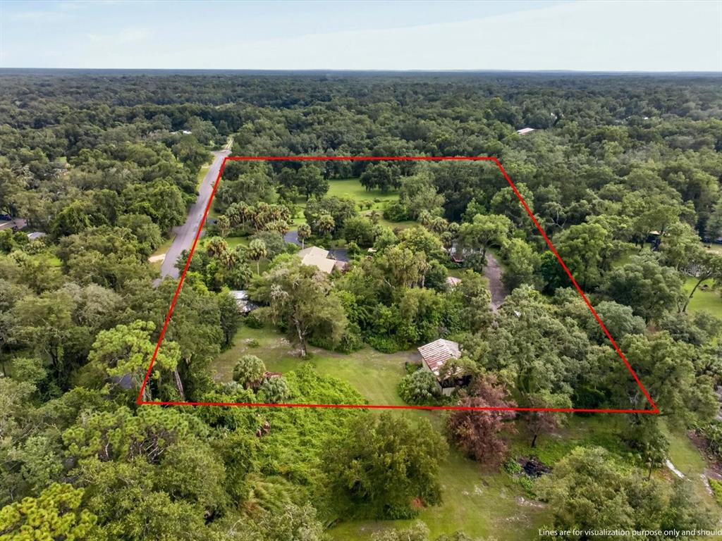 An aerial view shows a wooded residential property outlined in red next to a road — 11094 CR 683D, WEBSTER, FL
