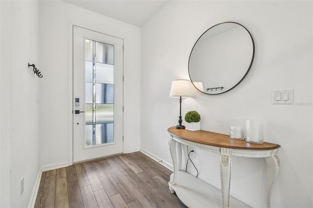An entryway features a white front door, wood-look flooring, a console table, and a round mirror — 14161 HAMMOCK CREST WAY, RIVERVIEW, FL
