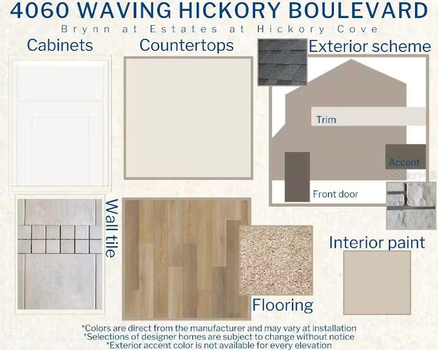 This design board displays samples of interior finishes, flooring, and an exterior color scheme rendering — 4060 WAVING HICKORY BOULEVARD, ST CLOUD, FL