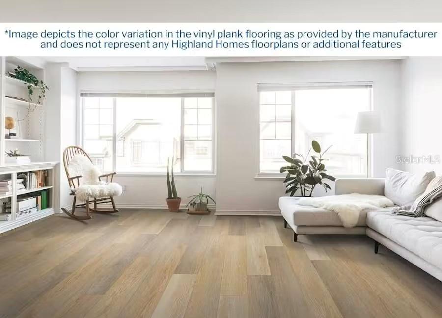 This rendering shows a living room with light wood-look vinyl plank flooring and white walls — 4060 WAVING HICKORY BOULEVARD, ST CLOUD, FL