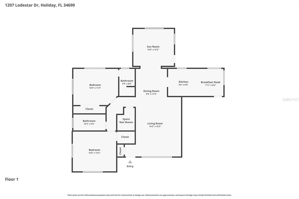 This is a floor plan showing the layout of a single-story residential home — 1207 LODESTAR DRIVE, HOLIDAY, FL