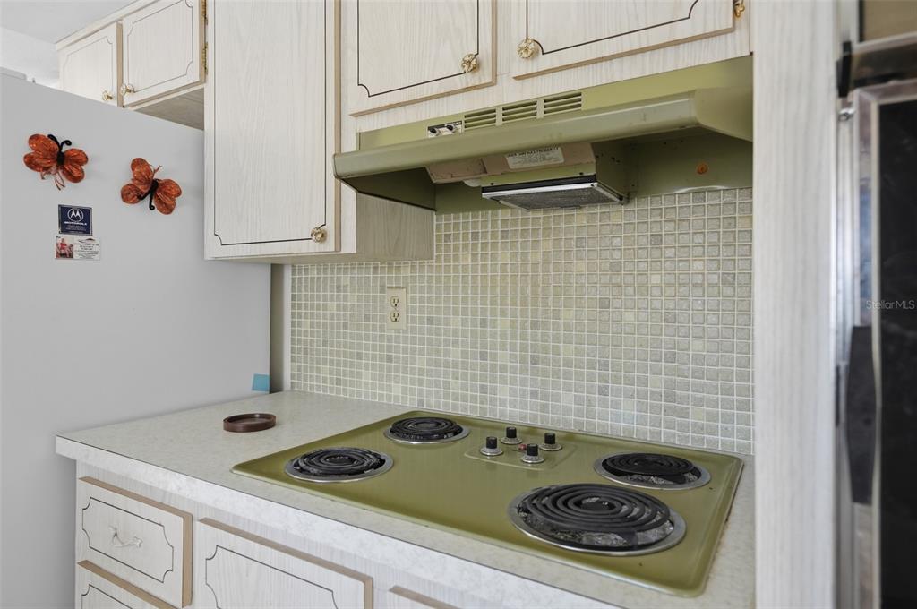 A kitchen features a green drop-in electric cooktop, a range hood, and light-colored cabinetry — 1207 LODESTAR DRIVE, HOLIDAY, FL