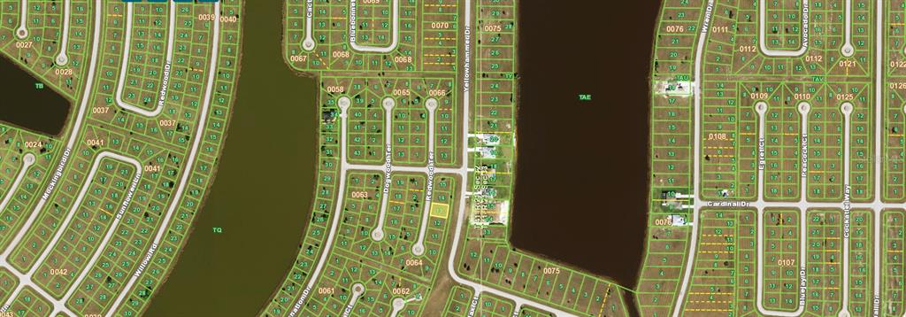 This is a satellite map view of a residential neighborhood with houses and water canals — 10 REDWOOD TERRACE, PLACIDA, FL