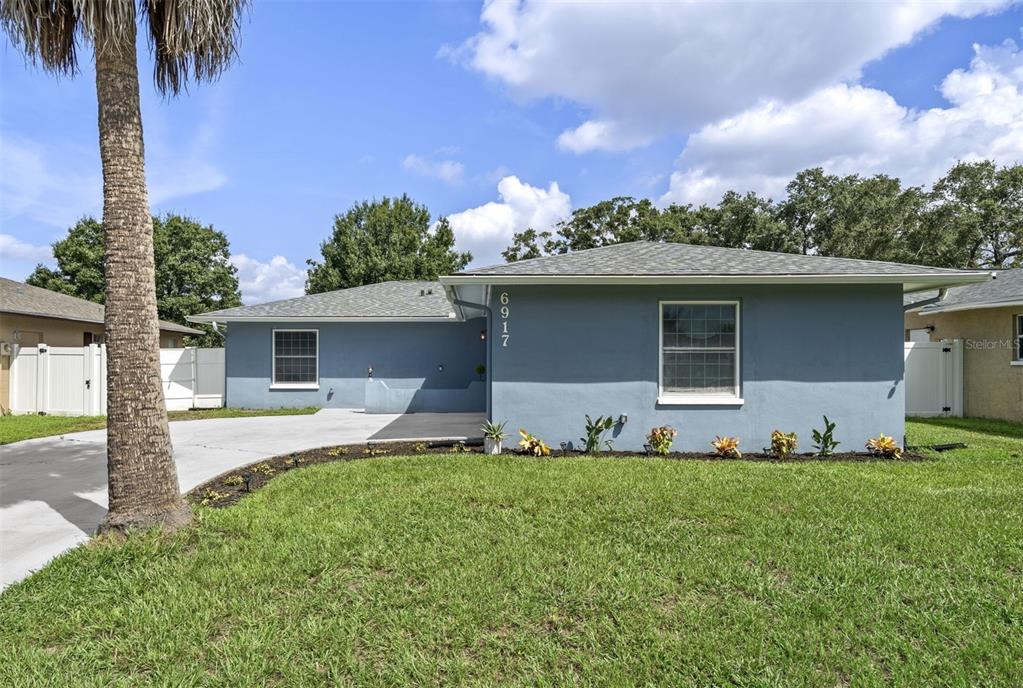 A blue, single-story house with a concrete driveway and a palm tree in the yard — 6917 DUNNETT AVENUE N, ST PETERSBURG, FL