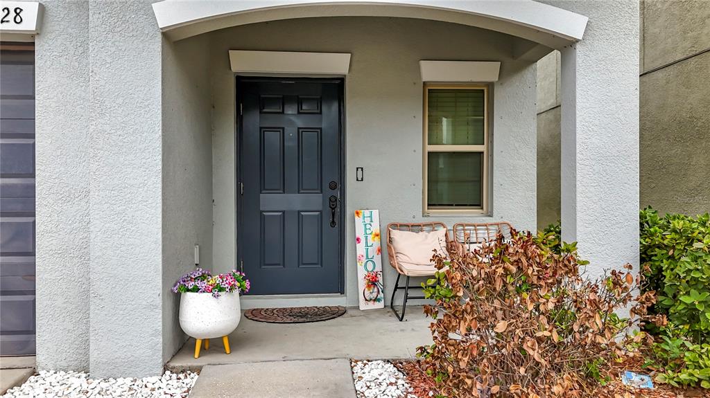 A front porch features a dark gray door, a potted plant, and two wicker chairs — 12728 LEMON PEPPER DRIVE, RIVERVIEW, FL