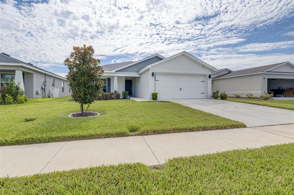 A single-story suburban house with a two-car garage and a small tree in the yard — 2081 GOLDEN BEAK DRIVE, EAGLE LAKE, FL