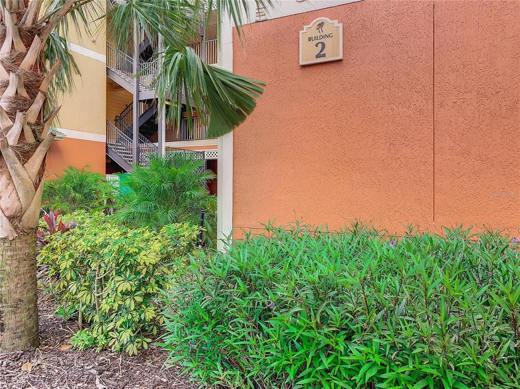 A palm tree stands beside a textured orange wall labeled Building 2 with stairs behind — 3050 PIRATES RETREAT COURT UNIT 207, KISSIMMEE, FL