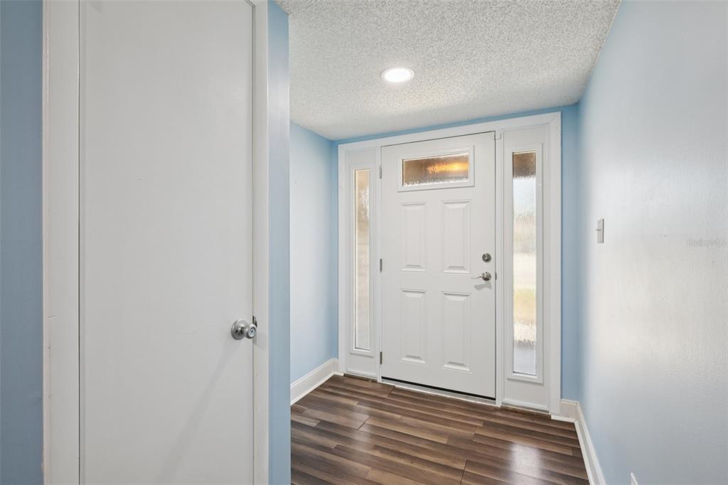 An entryway with light blue walls, wood-look flooring, and a white front door with sidelights — 3613 COPPERTREE CIRCLE, BRANDON, FL