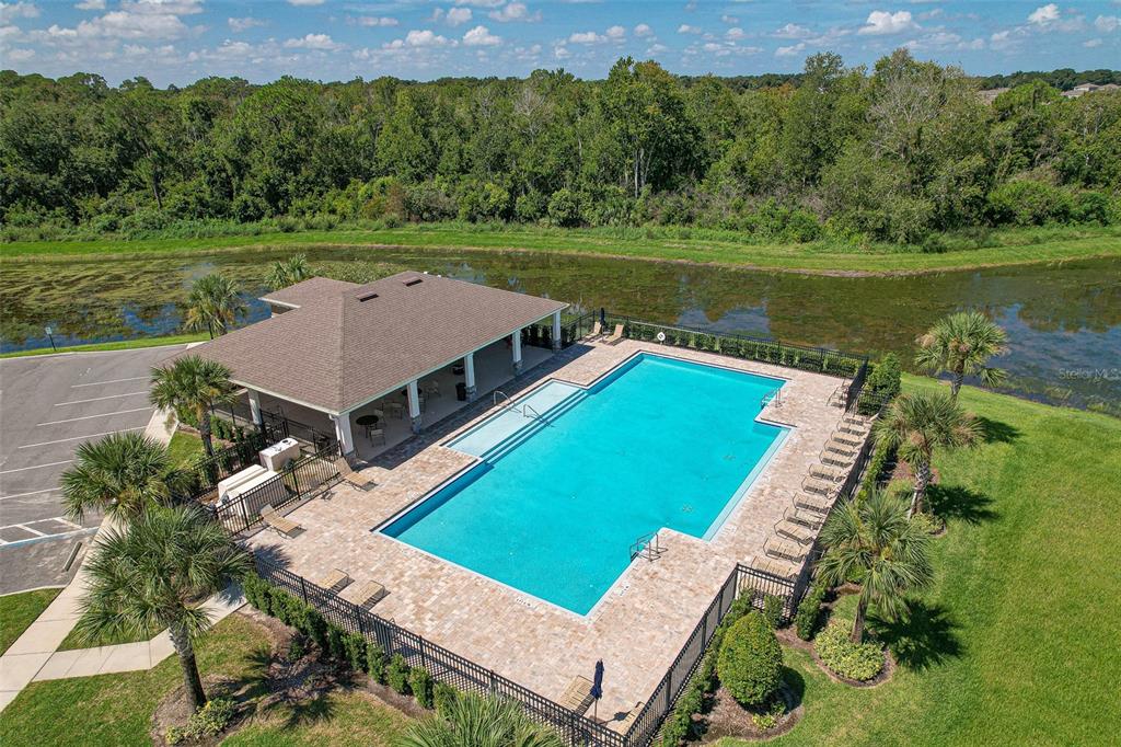 An aerial view of a rectangular swimming pool with a covered patio and surrounding landscaping — 759 AUBURN GROVE COURT, AUBURNDALE, FL