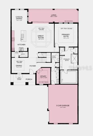 This is a floor plan of a single-story home featuring a three-car garage and lanai — 5372 GUNWALE DRIVE, COCOA, FL