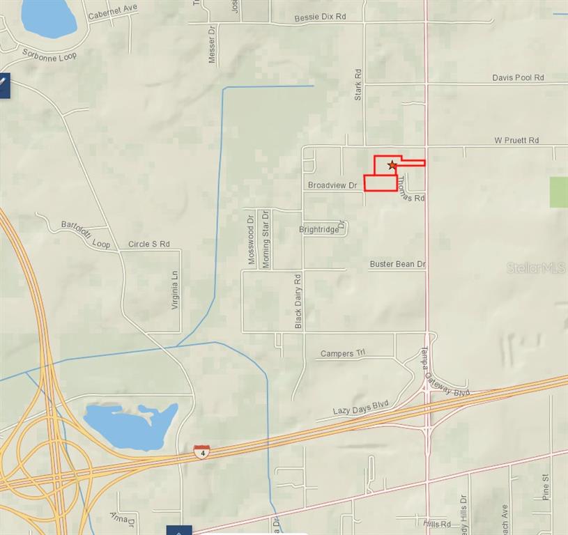 This is a map showing a highlighted property location near Thomas Road and Broadview Drive — 579 HIGHWAY, SEFFNER, FL