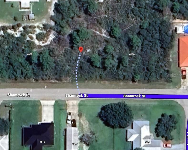 This aerial map shows a vacant lot on Shamrock Street marked with a red pin — 4512 SHAMROCK STREET, SEBRING, FL