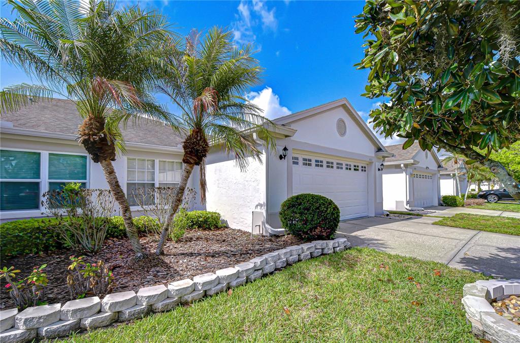 A single-story house with a white stucco exterior, a two-car garage, and palm trees — 1832 SASSAFRAS DRIVE, WESLEY CHAPEL, FL