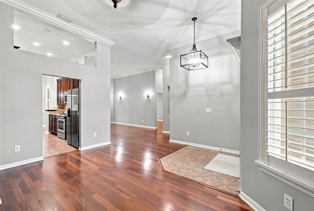 An interior view shows a dining area with hardwood floors, a tiled section, and a kitchen — 10113 CANNON DRIVE, RIVERVIEW, FL