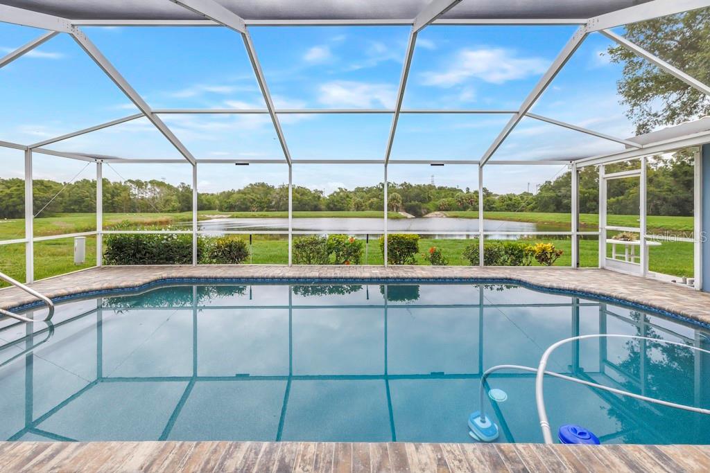 A screened-in swimming pool overlooks a grassy lawn and a pond under a blue sky — 731 OBERLIN DRIVE, CLEARWATER, FL