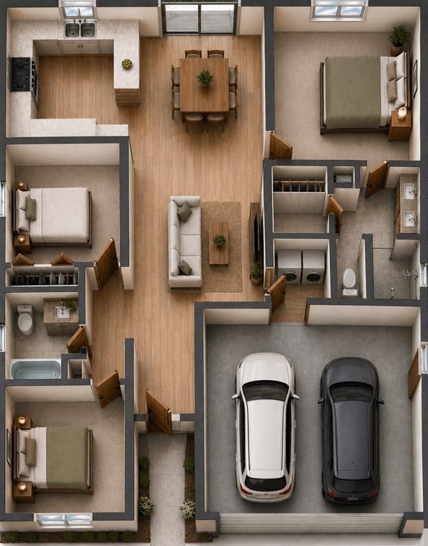 This 3D floor plan shows a three-bedroom house with an open-concept kitchen, living area, and garage — 266 PLATON AVENUE, DUNEDIN, FL