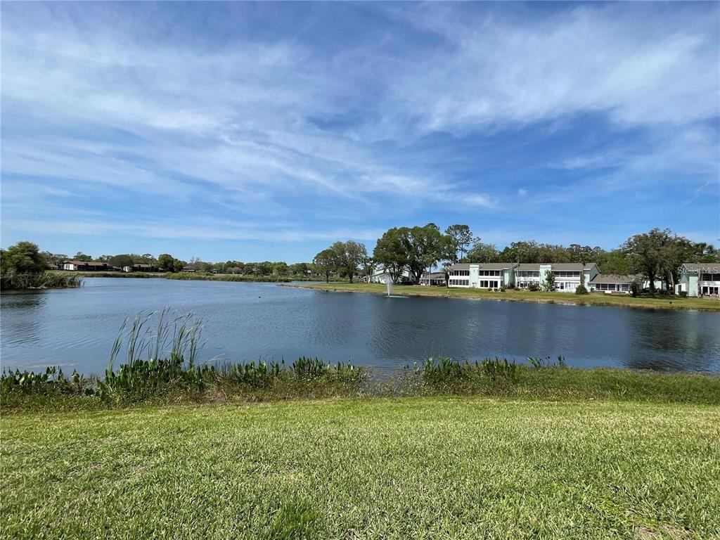 A view of a lake with a fountain and apartment buildings in the background — 647 MIDWAY DRIVE UNIT B, OCALA, FL