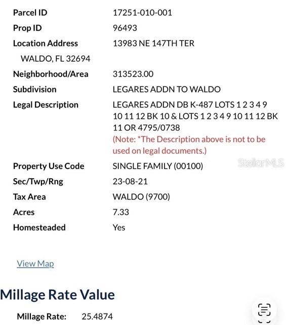 This image displays a property record document containing parcel details, legal description, and tax information — 13983 NE 147TH TERRACE, WALDO, FL