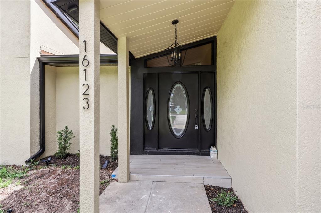 A modern house exterior at dusk featuring a concrete walkway, carport, and landscape lighting — 16123 E LAKE BURRELL DRIVE, LUTZ, FL