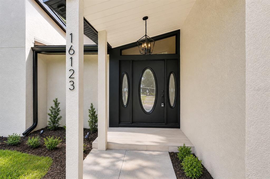 A modern black front door with oval glass inserts sits under a covered entryway — 16123 E LAKE BURRELL DRIVE, LUTZ, FL