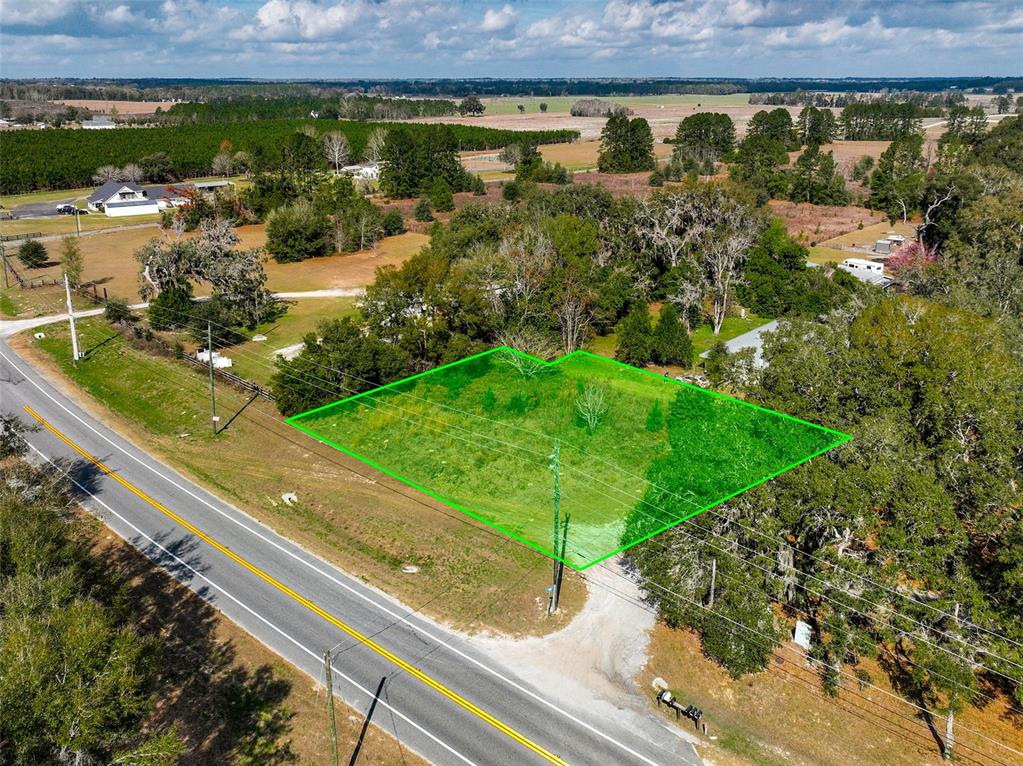 An aerial view shows a vacant, grassy lot outlined in green next to a paved road — 106 NW FAT CAT COURT, LAKE CITY, FL