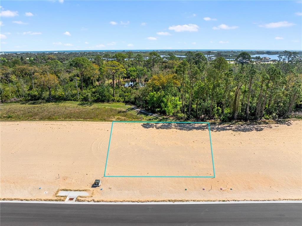 An aerial view shows a vacant, rectangular residential lot outlined in blue next to a road — 210 STILLWATER DRIVE, FLAGLER BEACH, FL