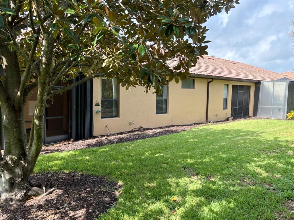 A view of a tan stucco house exterior with a screened patio and large tree — 229 SHELL FALLS DRIVE, APOLLO BEACH, FL