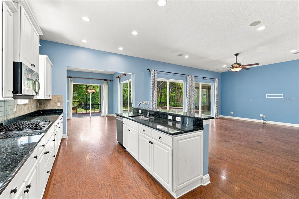 A kitchen with white cabinets, dark countertops, and hardwood floors opens to a living area — 21201 SKY VISTA DRIVE, LAND O LAKES, FL