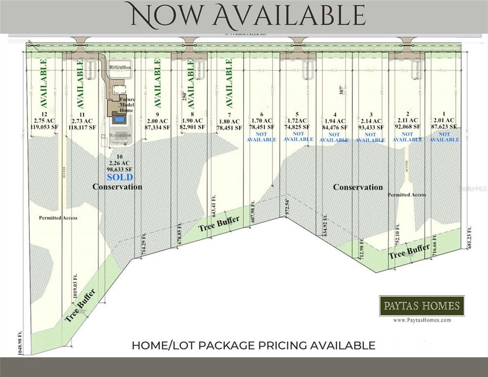 This is a site map showing twelve numbered residential lots with their respective acreages and statuses — 471 N TYMBER CREEK, ORMOND BEACH, FLORIDA, FL