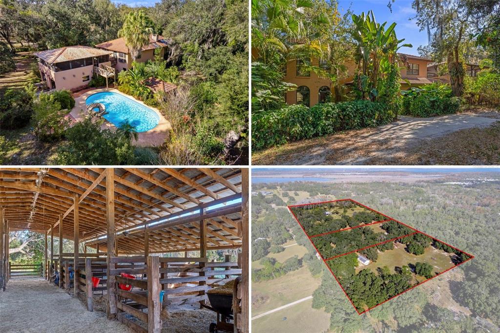A four-panel collage shows a house with a pool, exterior views, a horse barn, and land — 27910 DEBBIE ROAD, OKAHUMPKA, FL