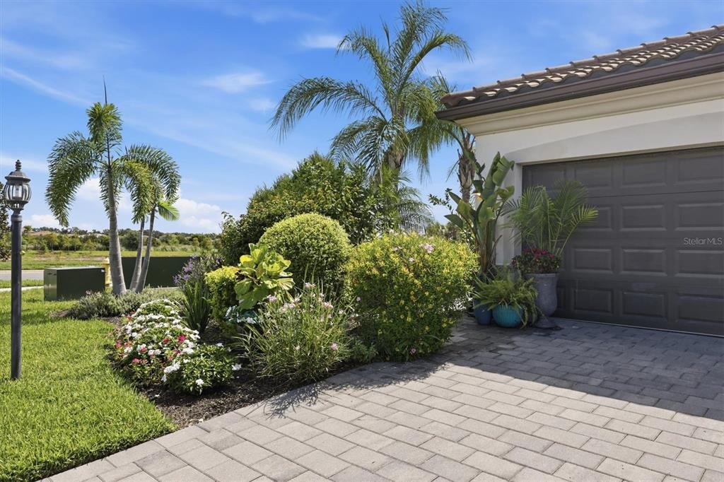 A paved driveway leads to a garage beside a landscaped garden with palm trees — 16120 SUNNY DAY DRIVE, BRADENTON, FL