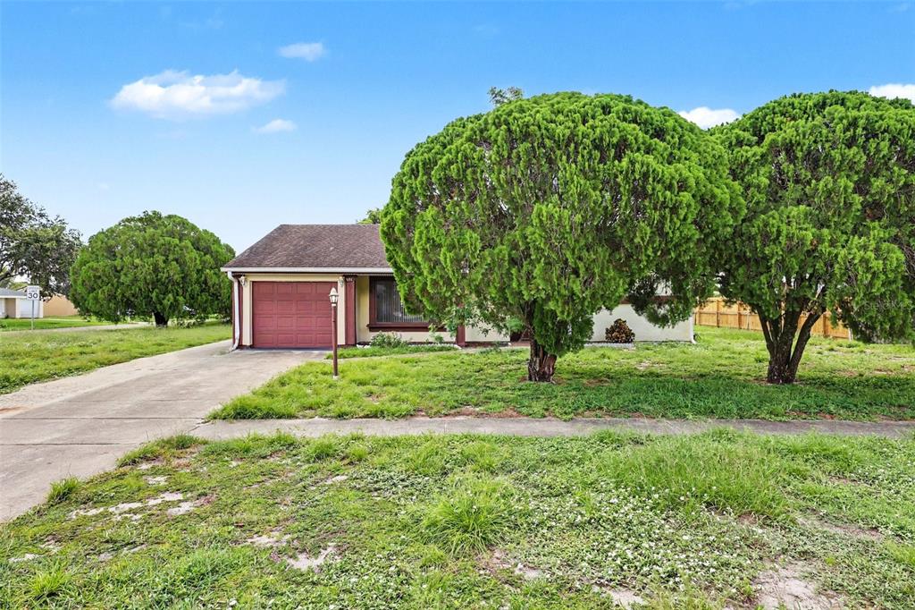 A single-story house with a red garage door and two large trees in the front yard — 997 MARIPOSA DRIVE NE, PALM BAY, FL
