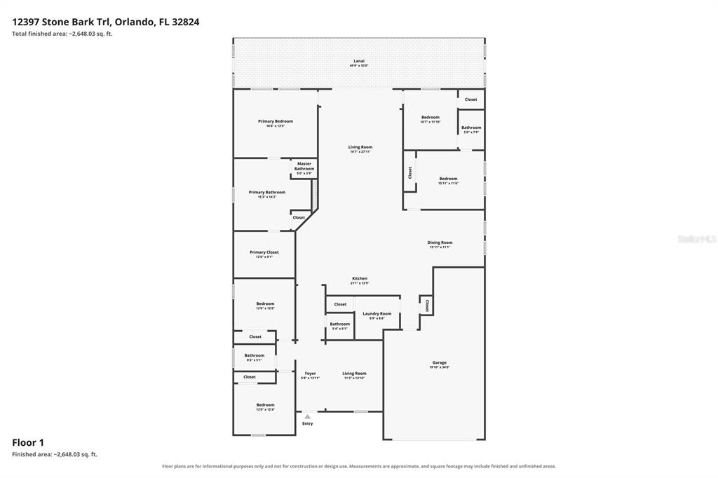 This is a floor plan for a single-story residential home with a garage and lanai — 12397 STONE BARK TRAIL, ORLANDO, FL
