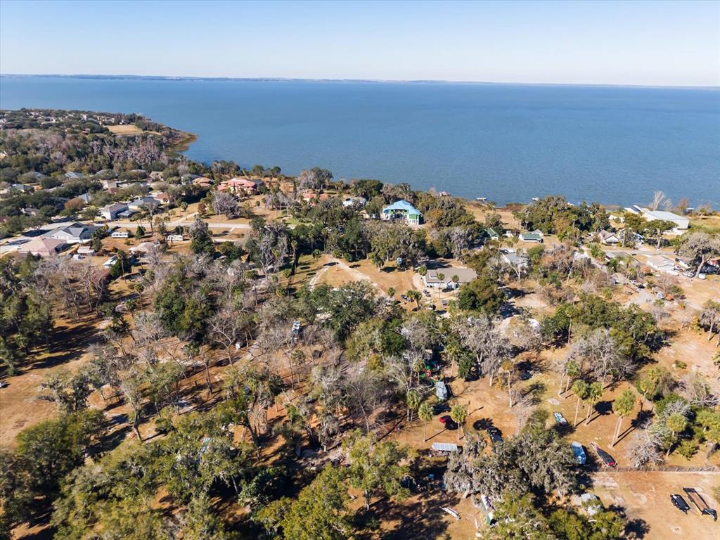 An aerial view shows a wooded residential area situated along the shore of a lake — WALKER ROAD, APOPKA, FL