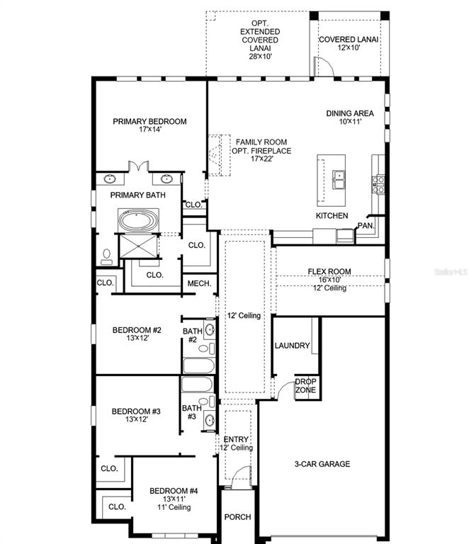 This is a floor plan for a single-story house featuring four bedrooms and a garage — 5581 VIBRANT VINE DRIVE, WIMAUMA, FL