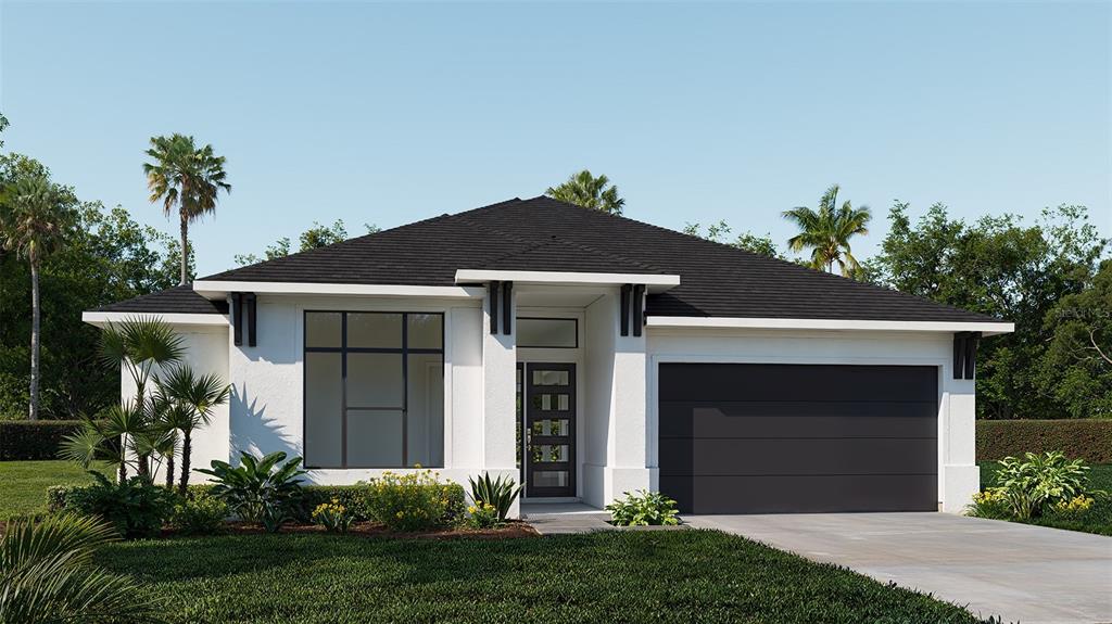 This is a rendering of a modern one-story house with a dark roof and garage — 5581 VIBRANT VINE DRIVE, WIMAUMA, FL