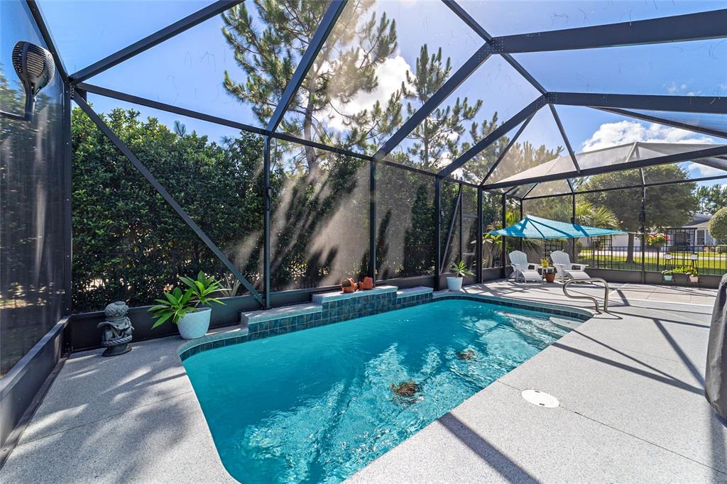 A screened-in pool enclosure features a rectangular swimming pool with a tiled water feature — 9300 SW 70TH LOOP, OCALA, FL
