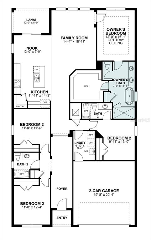 This floor plan shows a single-story home with three bedrooms, a garage, and a lanai — 2957 SWEETGRASS LANE, ZELLWOOD, FL
