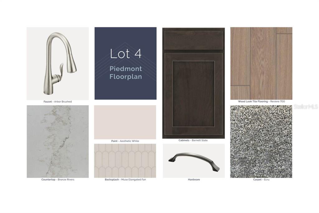 This design board displays interior finish samples including cabinetry, flooring, countertop, and hardware selections — 2957 SWEETGRASS LANE, ZELLWOOD, FL