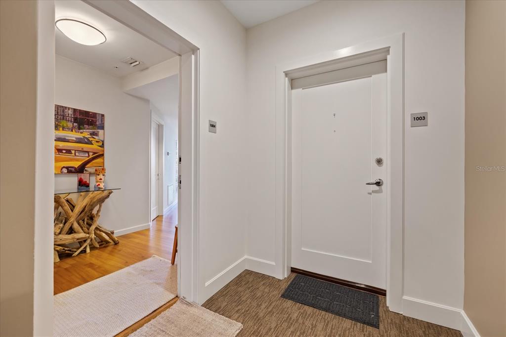 A hallway features a white door labeled 1003, a doorway to unit 1004, and wood flooring — 400 4TH AVENUE S UNIT 1004, ST PETERSBURG, FL