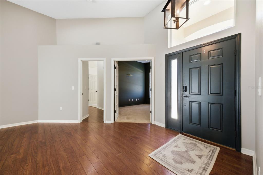 An entryway features hardwood floors, a black front door, and two doorways leading into rooms — 3209 PARTRIDGE POINT TRAIL, VALRICO, FL