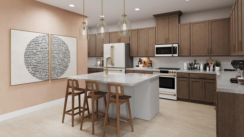 This is a rendering of a modern kitchen featuring wood cabinets, a white island, and stools — 7828 CENTAURUS WAY, SARASOTA, FL