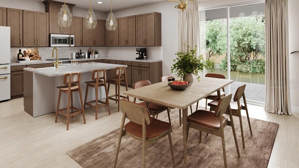 This is a virtually staged rendering of a kitchen and dining area with wood cabinetry — 7828 CENTAURUS WAY, SARASOTA, FL