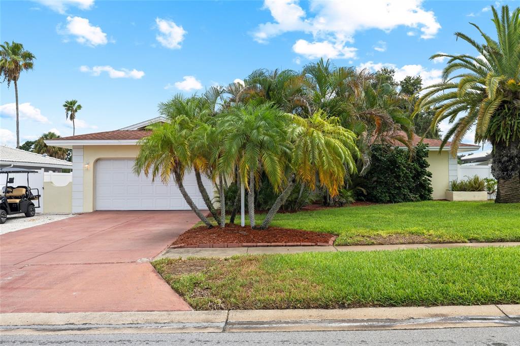 A single-story house with a white garage door, palm trees, and a red concrete driveway — 1070 MCCARTY STREET, DUNEDIN, FL