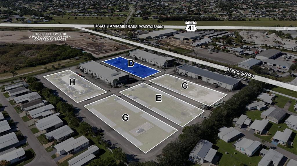 This aerial rendering shows several industrial lots and buildings labeled with letters — 6640 TAYLOR ROAD UNIT B, PUNTA GORDA, FL