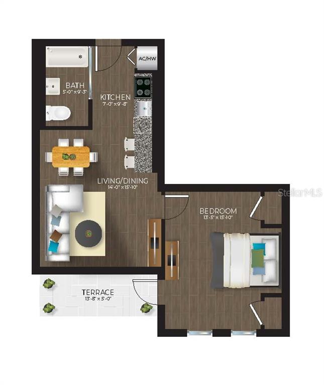 This is a floor plan for a one-bedroom apartment with a terrace and open kitchen — 536 BAHIA BEACH BOULEVARD UNIT 216B, RUSKIN, FL